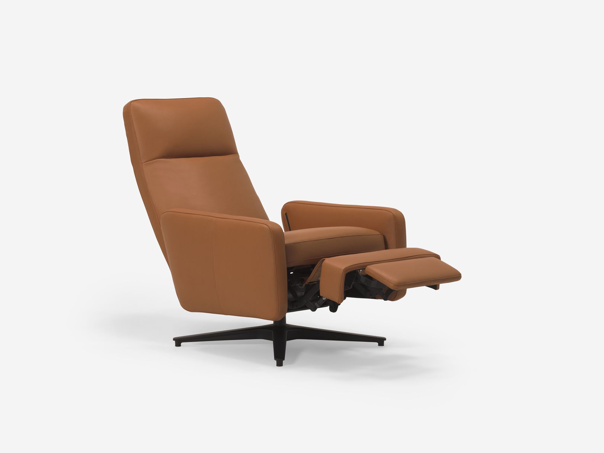 Brown leather reclining chair with foot rest reclined front angle view